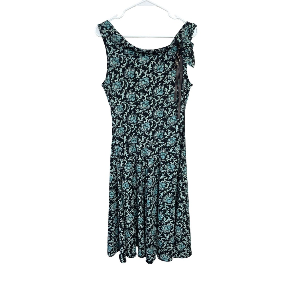 Y2K Vintage Brown & Teal Floral Drape Neck Sleeveless Midi Dress Medium Romantic